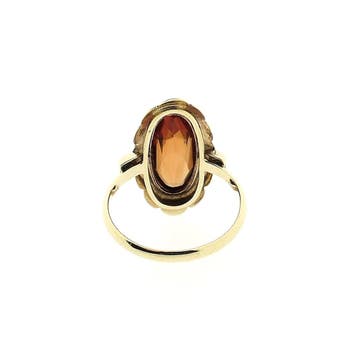 Gouden ring gezet met synthetische oranje/rode saffier, Sieraden, Tassen en Uiterlijk, Ringen, Gebruikt, Oranje, Ophalen of Verzenden