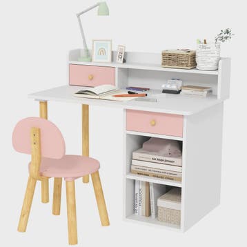 Kinderbureau met Stoel - Roze & Wit Bureau met Lades, Vakken, Verzenden, Nieuw