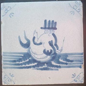 Antiek Tegel - Koning drietand - zeemeerman - Delft,