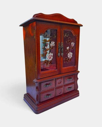 Vintage Wooden Jewellery Cabinet Showcase with Stained Glass