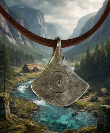Viking periode Zilver Bijlvormige amulet met zonnesymbolen.