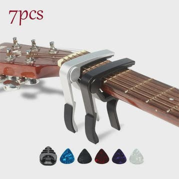 7-delige Gitaar Capo Set met 5 Picks en Houder - Zwart & Zil, Muziek en Instrumenten, Bladmuziek, Verzenden