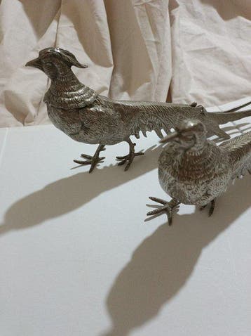 Beeldje - Paire de faisans décoratifs en métal argenté –