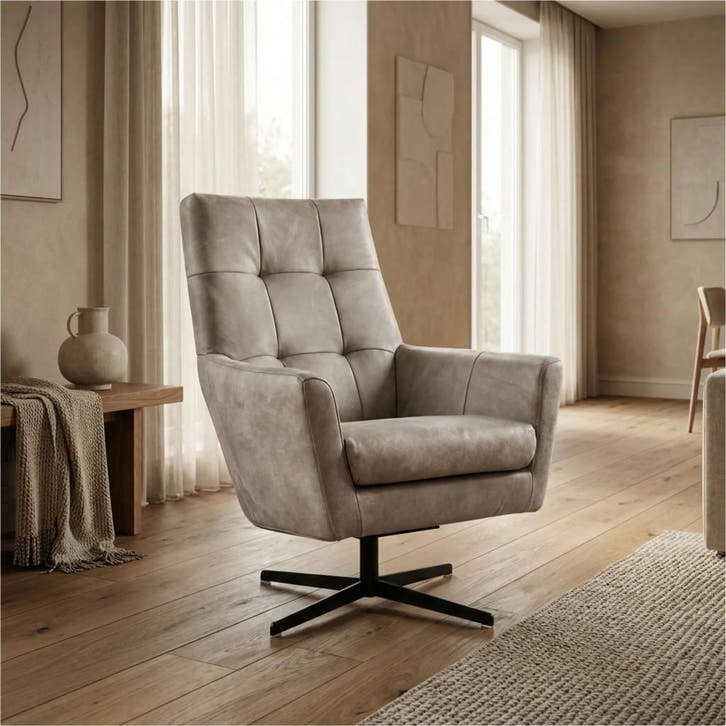 Leren draaifauteuil Central - Kenia Lightgrey (lichtgrijs), Huis en Inrichting, Fauteuils, 75 tot 100 cm, 75 tot 100 cm, Nieuw