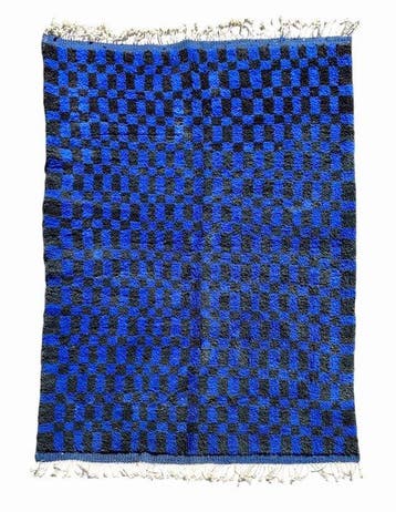 Geruit Marokkaans wol tapijt - Blauw en zwart - Vloerkleed -, Nieuw
