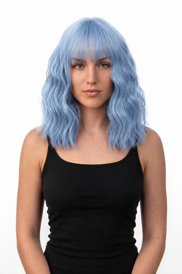 KIMU® Luxe Lichtblauw Pruik Schouderlengte Rechte Pony Krull, Ophalen of Verzenden, Nieuw, Carnaval