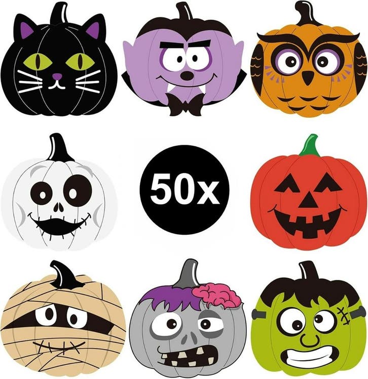 50x Sticker Halloween - Crazy Pompoen - Pumpkin - Mix -, Diversen, Cadeauverpakkingen, Verzenden