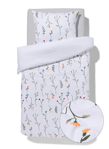 HEMA Dekbedovertrek 140x200/220cm zacht katoen veldbloemen, Verzenden, Nieuw, Wit
