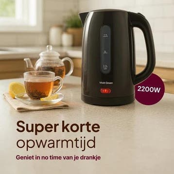 Waterkoker - 1,7L - 2200W - Met Uitneembaar Kalkfilter - Zwa, Witgoed en Apparatuur, Verzenden, Zo goed als nieuw