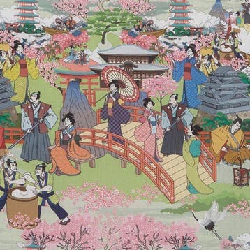 Exclusieve dubbelbrede biologische stof met Geishas op de