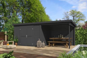Outdoor Life Blokhut Kjeld met Overkapping Carbon Grey 550 x, Tuin en Terras, Tuinhuizen, Nieuw