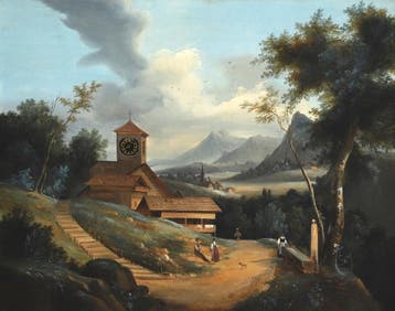 Een schilderijklok/ tableau horloge, Zwitserland,19e eeuw