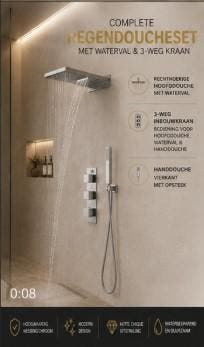 Complete Inbouw Regendoucheset 3-Weg met Waterval – Vierkant, Ophalen of Verzenden, Nieuw, Chroom, Bad