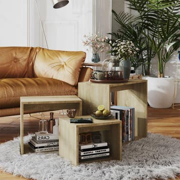 vidaXL 3-delige Tafeltjesset spaanplaat sonoma eikenkleurig, Huis en Inrichting, Tafels | Bijzettafels, Verzenden, Nieuw, 45 tot 60 cm