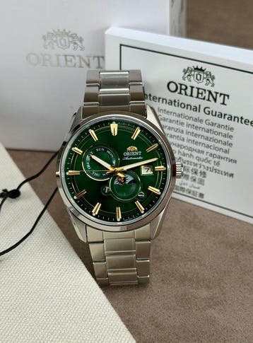 Orient - Stretto Sun & Moon Automatic Day/Date Silver/Green, Nieuw