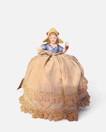 Beeldje - Half doll pincushion - Porselein, Textiel