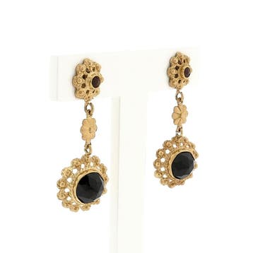 Gouden oorhangers met granaat; 14 karaat (Oorbellen), Sieraden, Tassen en Uiterlijk, Ophalen of Verzenden, Gebruikt, Goud, Goud