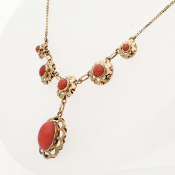 Halsketting - 14 karaat Geel goud - Bloedkoraal, Sieraden, Tassen en Uiterlijk, Nieuw