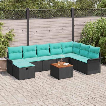 vidaXL Tuinbankenset met kussen met opslag 9 pcs Zwart Poly, Verzenden, Nieuw, Rotan, Meer dan 8 zitplaatsen