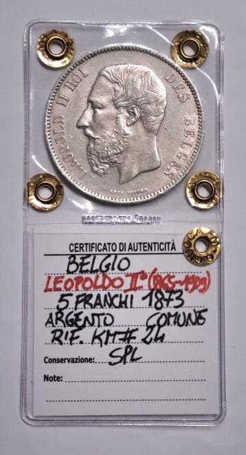 België. Leopold II. 5 Franchi 1873 periziata SPL (Zonder