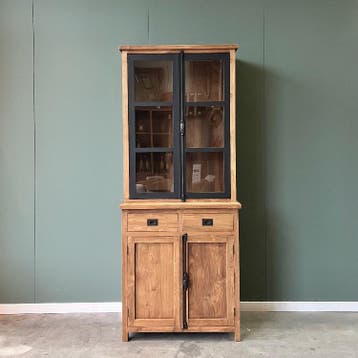 Robuuste vitrine met stalen deuren gemaakt van oud teakhout, 200 cm of meer, Teakhout, Nieuw, Industrieel 
