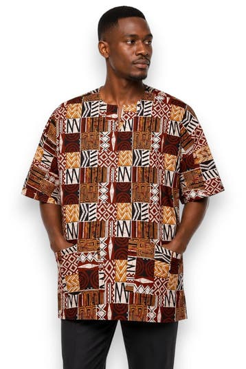 Bruin Bogolan Mosaic Dashiki Shirt / Dashiki Jurk - Afrikaan, Ophalen of Verzenden, Nieuw