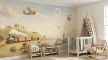 Voertuigen behang babykamer – fotobehang met trein, Verzenden, Fotobehang