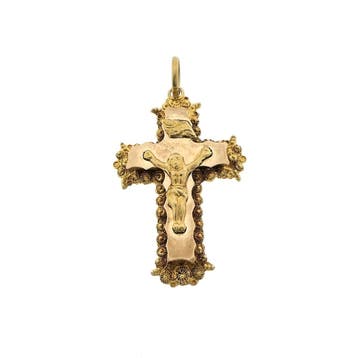 Antiek gouden hanger van een kruis met corpus; INRI, Ophalen of Verzenden, Gebruikt, Goud, Overige merken