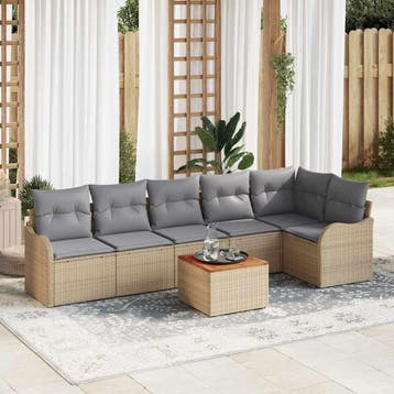 vidaXL Tuinbankenset 7 st Beige en Licht Grijs poly rattan, Verzenden, Nieuw, Rotan, 7 zitplaatsen