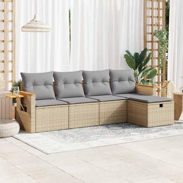 vidaXL 5-delige Loungeset met kussens poly rattan beige, Verzenden, Nieuw, 5 zitplaatsen, Loungeset