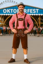 Rood Oktoberfest Kostuum met Bruine Lederhosen – - Maat XL, Ophalen of Verzenden, Nieuw, Maat 56/58 (XL)