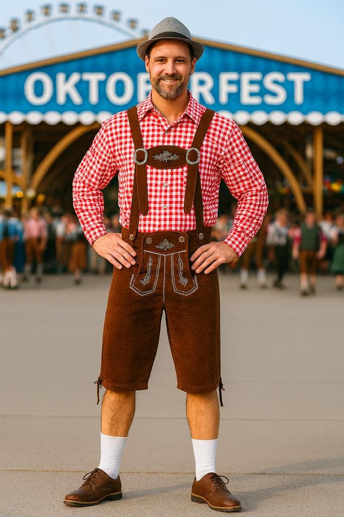 Rood Oktoberfest Kostuum met Bruine Lederhosen – - Maat XL, Kleding | Heren, Carnavalskleding en Feestkleding, Nieuw, Maat 56/58 (XL)