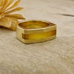 Gouden ring met gele maansteen, Sieraden, Tassen en Uiterlijk, Ringen, 18 tot 19, Gebruikt, Overige kleuren, Ophalen of Verzenden