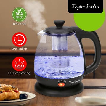 Waterkoker glas - met LED - Elektrisch - 1L - 2200W - Zwart, Verzenden, Zo goed als nieuw