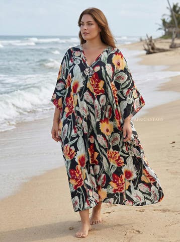 Boho rayon kaftan jurk - Zwart Rood Midnight Flora, Ophalen of Verzenden, Nieuw