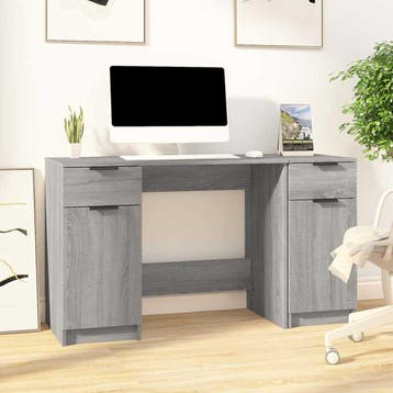 vidaXL Bureau met bijzetkast bewerkt hout grijs sonoma, Verzenden, Nieuw