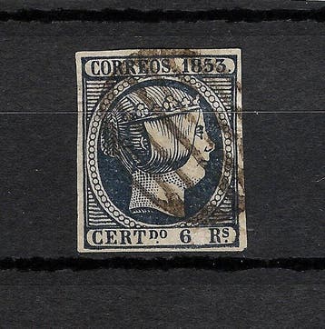 Spanje - Isabel II. 1853. 6 reales blauw. geannuleerd,, Postzegels en Munten, Gestempeld
