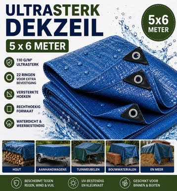 Dekzeil 5 x 6 m, 110 g/m² ultrasterk, 22 ringen, versterk.., Verzenden, Nieuw