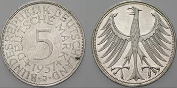 5 duitse Mark 1957 J 5 Mark Kursmunten Bondsrepubliek Dui..., Postzegels en Munten, Munten | Europa | Niet-Euromunten, Verzenden