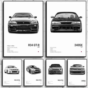 Zwart-Witte Japanse Sportauto Canvas Poster – Garage Decorat, Verzenden, Nieuw