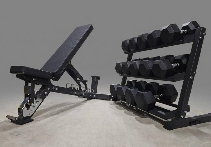 Elite Krachtset: Halterbank, 385 kg Hexa Dumbbells set + Rek, Sport en Fitness, Fitnessmaterialen, Armen, Benen, Borst, Buik, Rug