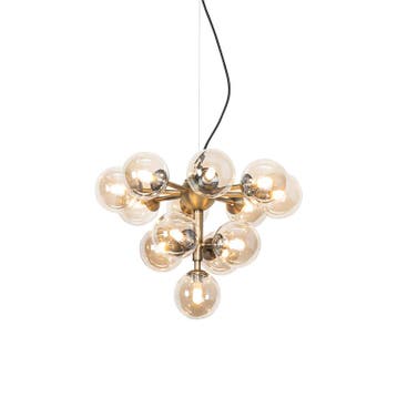 Hanglamp brons met amber glas 13-lichts - Bianca, Verzenden, Nieuw, Glas, Art Deco
