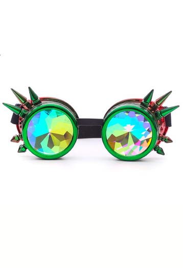 KIMU® Goggles Steampunk Bril Spikes Groen Rood Montuur Calei, Ophalen of Verzenden, Nieuw, Carnaval