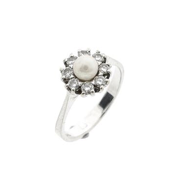 Diamonde witgouden ring met parel en diamanten; 0,16 ct., Sieraden, Tassen en Uiterlijk, Gebruikt, Ophalen of Verzenden, Kleiner dan 17