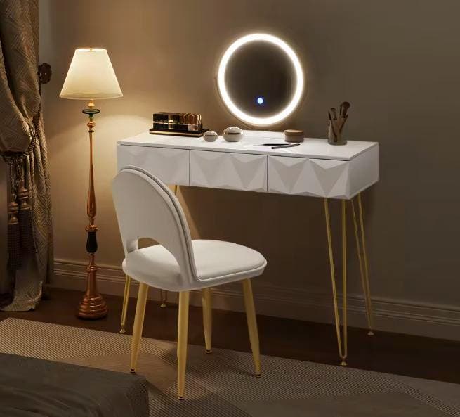 Kaptafel met LED-Spiegel en Stoel – 3 Lades, Wit en Goud, Huis en Inrichting, Tafels | Kaptafels, Nieuw, Verzenden