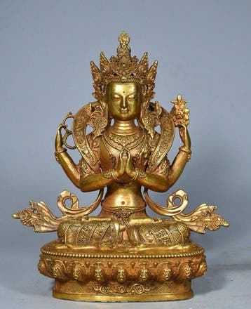 Beeld, Four-armed Guanyin seated statue - 21 cm - Koper, Antiek en Kunst