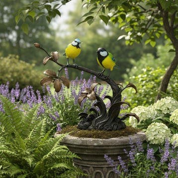 sculptuur, Songbirds on a Branch - 33 cm in length - 27 cm -