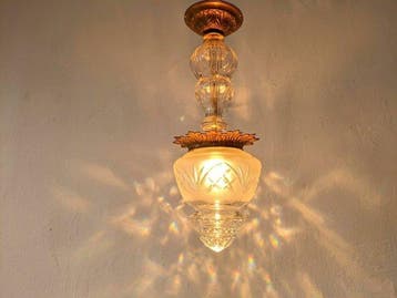 Lamp - Vintage plafondlamp in geblazen glas, geslepen, Antiek en Kunst, Curiosa en Brocante