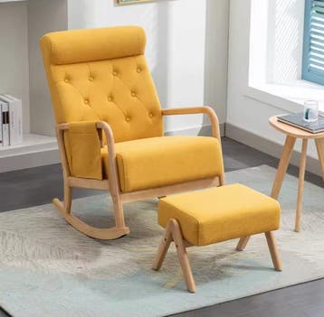Schommelstoel met Poef – Rotan Look &amp; Comfort Rugsteun, Verzenden, Nieuw