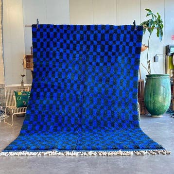 Geruit Marokkaans wol tapijt - Blauw en zwart - Vloerkleed -, Nieuw